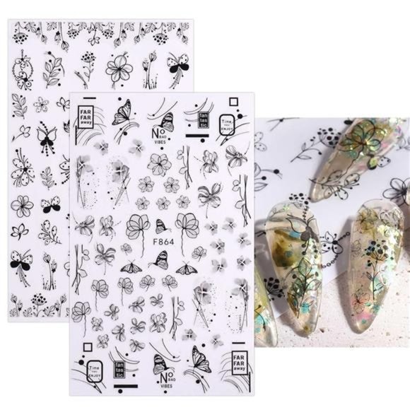10 Sheets Flower Spring Nail Art Stickers Decals Self-Adhesive Black Nail Art - Picture 7 of 7